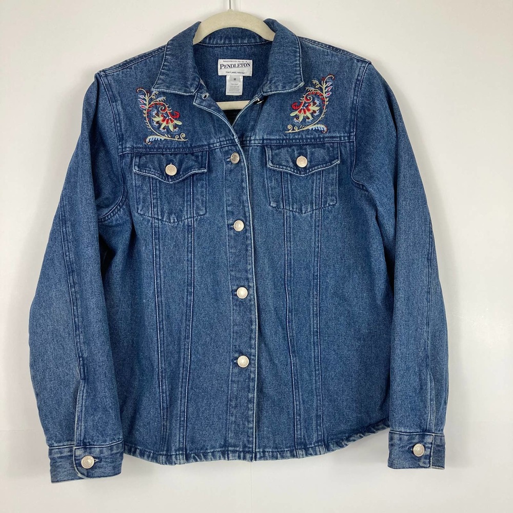 Pendleton Sz M Embroidered Beaded Floral Denim Jacket Blue 100% Cotton Western